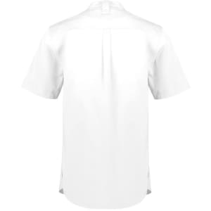 A white short sleeve chef shirt with a back pleat and side vents, featuring a logo.