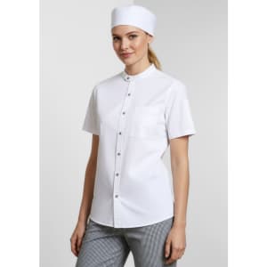 A white short sleeve chef shirt with a stand collar and buttons, paired with a matching chef's hat.