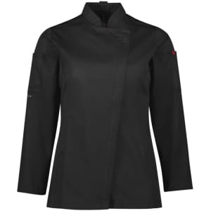 A black long sleeve chef jacket with a mandarin collar and pockets, featuring a logo.
