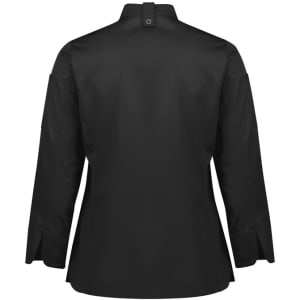 A black women's long sleeve chef jacket with a collar and button closure at the back, featuring a logo.