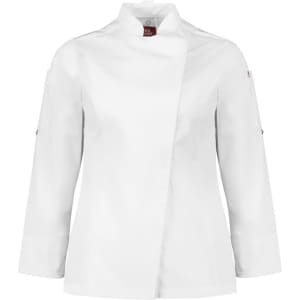 A white long sleeve chef jacket featuring a sleek design and a logo on the sleeve.