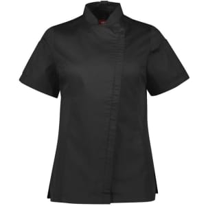 A black short sleeve chef jacket featuring a mandarin collar and a logo on the chest.