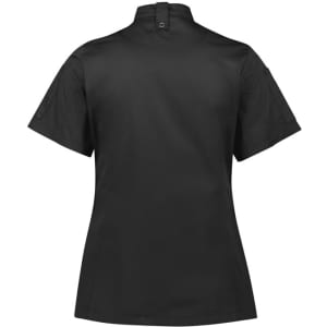 A black women's short sleeve chef jacket featuring a stand collar and a logo on the sleeve.