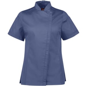A short sleeve chef jacket in navy blue with a fitted design and a logo on the side.