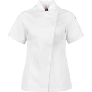 A white women's short sleeve chef jacket with a stylish design and a logo on the sleeve.