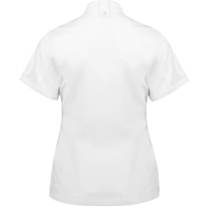 A white short sleeve chef jacket with a collar and a back closure, featuring a logo.