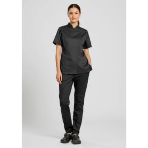 A black short sleeve chef jacket paired with matching black trousers, featuring a stylish design and a logo.