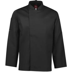 A black long sleeve chef jacket with a Mandarin collar and logo on the sleeve.