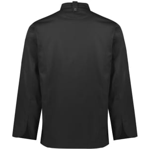 A black long sleeve chef jacket featuring a high collar and back vents. Includes a branding logo.
