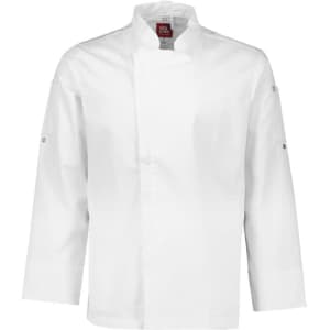 A white long sleeve chef jacket featuring a collar and a logo on the chest. Suitable for culinary uniforms.