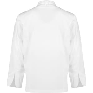 A white long sleeve chef jacket featuring a high collar and side slits, with a logo on the back.