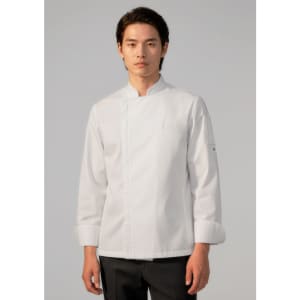 A long sleeve white chef jacket featuring a mandarin collar and a logo on the sleeve.