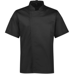 A black short sleeve chef jacket featuring a mandarin collar and a single logo on the sleeve.