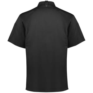 A black short sleeve chef jacket featuring a collar, back seams, and a logo. Suitable for chefwear uniforms.