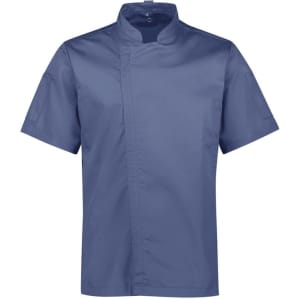 A short sleeve chef jacket in navy blue with a sleek design and a plain finish. It features a logo detail.