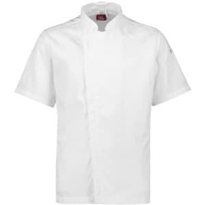 A white short sleeve chef jacket with a stand collar and a logo on the sleeve.
