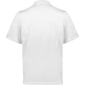 A white short sleeve chef jacket featuring a simple design and a back button closure, with a logo present.