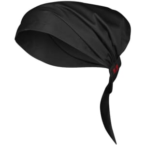 A black chef bandana with a tie at the back and a logo on one side, designed for chefwear.