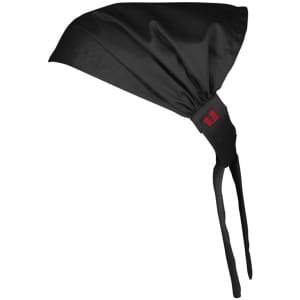 A black chef bandana with a tie closure and a logo on the band.