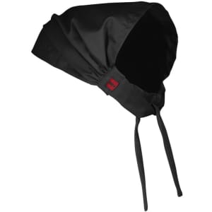 A black chef bandana with a tied back design, featuring a small logo on one side.