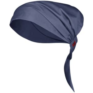 A navy blue chef bandana with a tie at the back and a small logo. Perfect for kitchen wear.