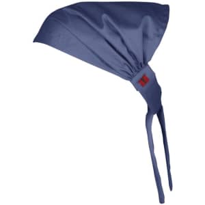 A navy blue chef bandana with a tied back design and a branding logo on the band.