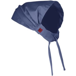 A blue chef bandana with ties, featuring a logo on the side. It has a stylish, modern design.