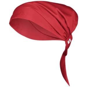 A red chef bandana with a tie at the back and a small logo detail.