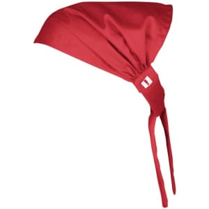 A red Twist Chef Bandana with a tying feature and a branding label.
