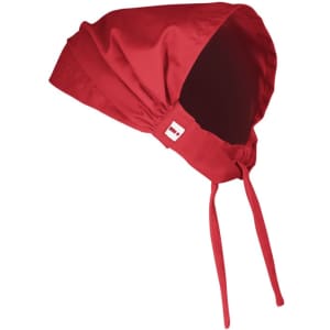 A red chef bandana with ties at the back and a logo on the side.