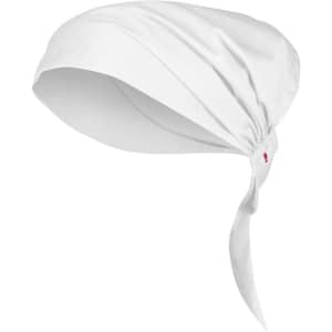 A white chef bandana with a tied design, featuring a logo on the side.
