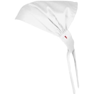 A white chef bandana with a tied back design, featuring a branded logo.