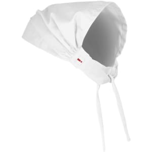 A white chef bandana with an elastic band and ties, featuring a small logo.