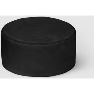 A black flat top hat with a mesh design, featuring a rounded shape and a branded logo.