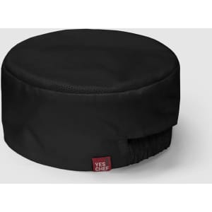 A black mesh flat top hat featuring a gathered back and a logo tag. Suitable for various headwear needs.