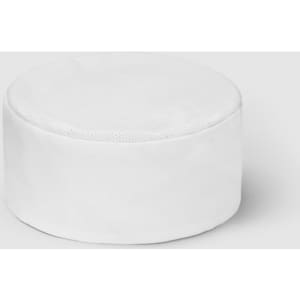 A white mesh flat top hat with a circular shape and a textured surface, featuring a logo.