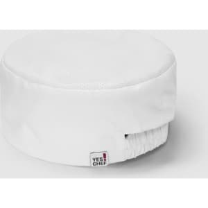 A white mesh flat top hat with an elastic band and a logo tag. Suitable for various headwear occasions.
