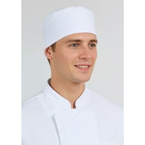 A white mesh flat top hat worn by a smiling male model in a white chef's uniform. The hat has a simple design and branding.