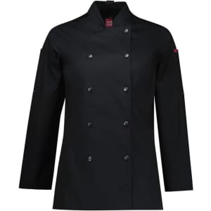 A black long sleeve chef jacket designed for women, featuring a button-up front and a logo on the sleeve.