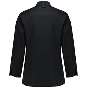 A black women's long sleeve chef jacket featuring a standard collar and a back button detail, with a logo present.