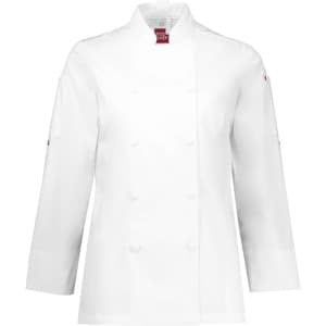 A white long sleeve chef jacket with a double-breasted design and a logo on the collar.