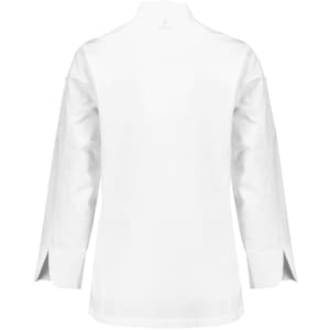 A white long sleeve chef jacket with a classic collar and side slits, featuring a logo on the back.