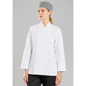 A white long sleeve chef jacket worn by a woman, paired with a grey checkered chef hat. The model is facing forward.