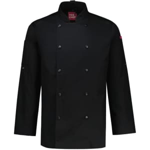 A black long sleeve chef jacket with a button-up front and a logo on the sleeve.