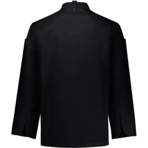 A black long sleeve chef jacket featuring a classic design and a logo on the back. Suitable for culinary uniforms.
