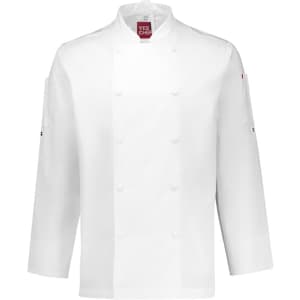 A white long sleeve chef jacket featuring a logo, designed for chef uniforms.