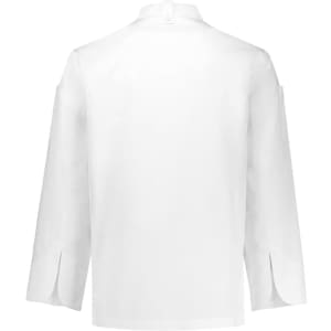 A white long sleeve chef jacket with a high collar and side slits, featuring a logo on the sleeve.