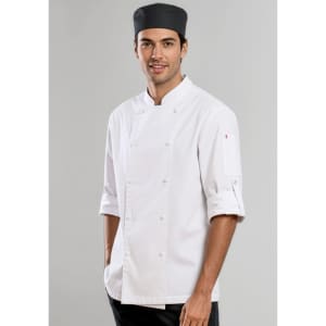 A white long sleeve chef jacket with a button-up front, worn by a man, paired with a black chef hat.