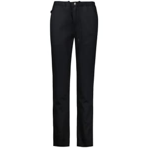 A pair of black chef pants with a relaxed fit and an elastic waistband, featuring pockets and a button closure.