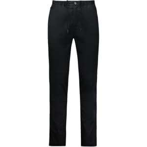 A black pair of chef pants with a flexible waistband and pockets, featuring subtle branding.